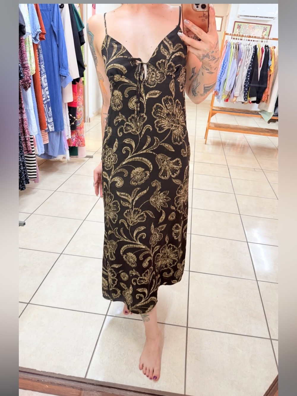 Monteau (Los Angeles) Black & Gold Floral Slip Maxi Dress - Elegant Evening Midi